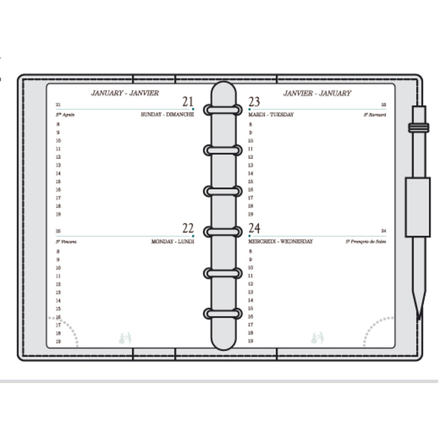 Organiseur MIGNON AK12 - 9 x 13 cm - 2 jours par page - Orientation horizontale - Veau Boboli noir